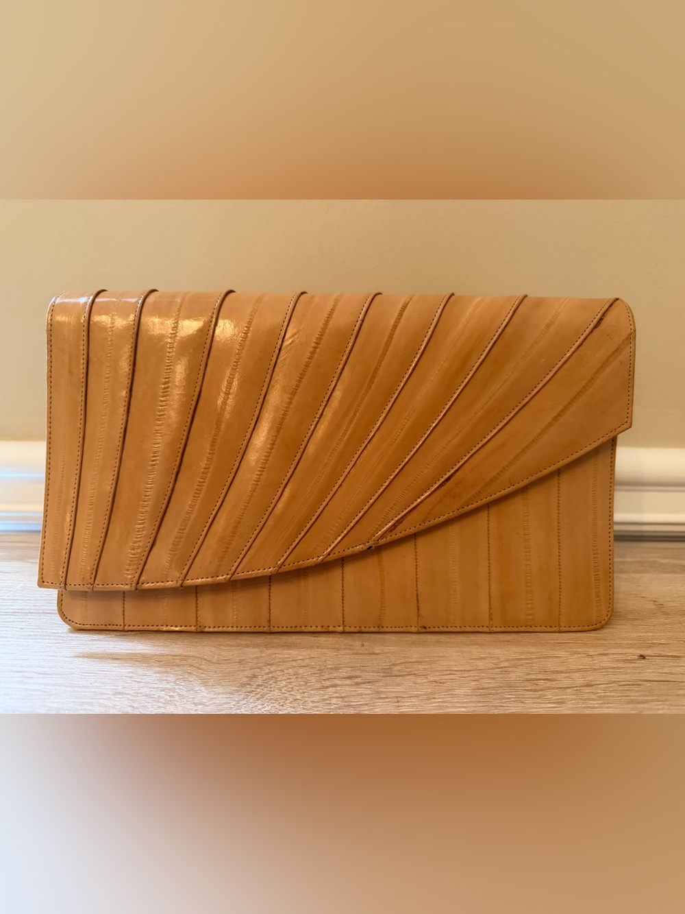 Vintage Tan Eel Leather Envelope Clutch with detachable strap